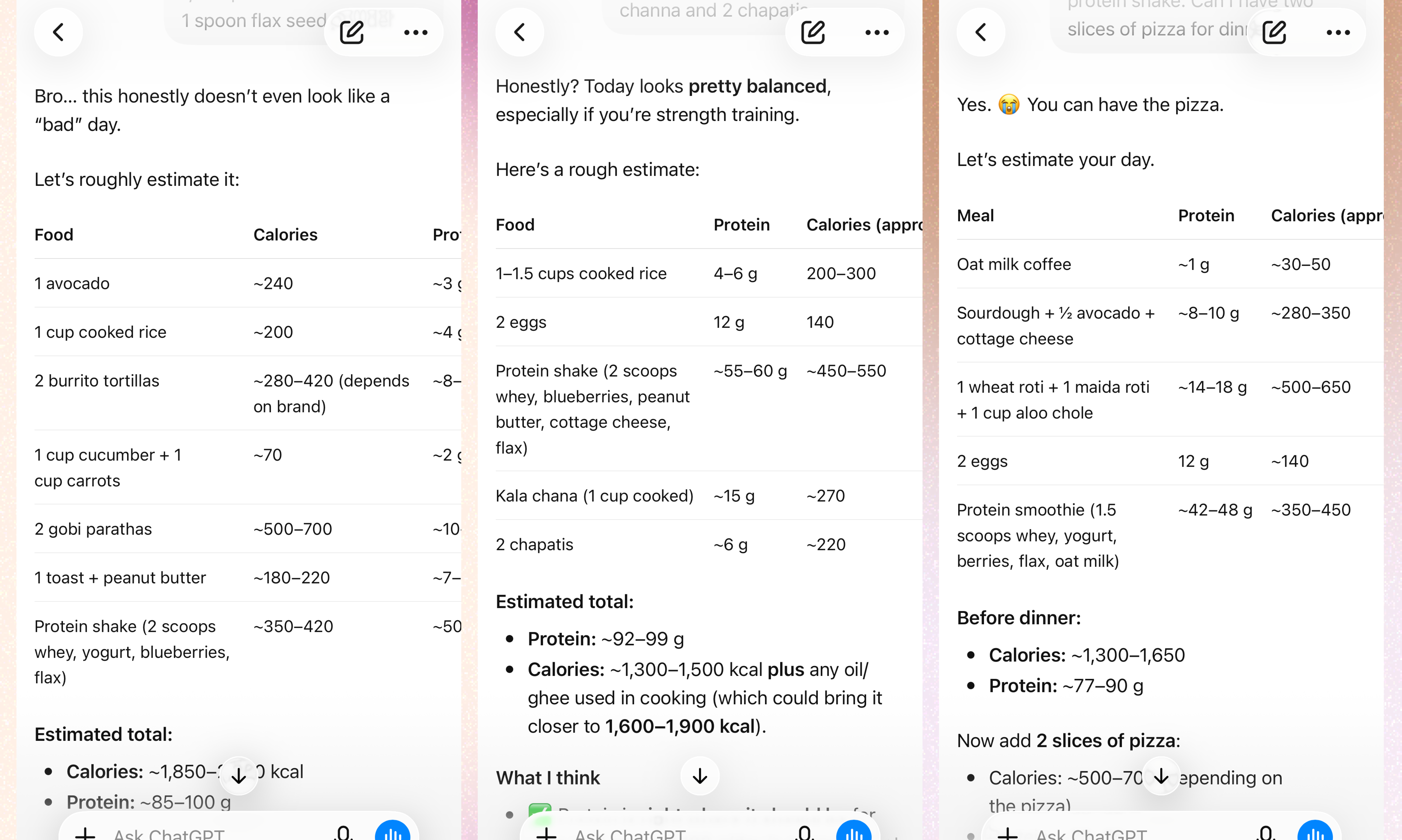 Three ChatGPT threads estimating full days of eating from rough descriptions, ending in totals and protein counts.